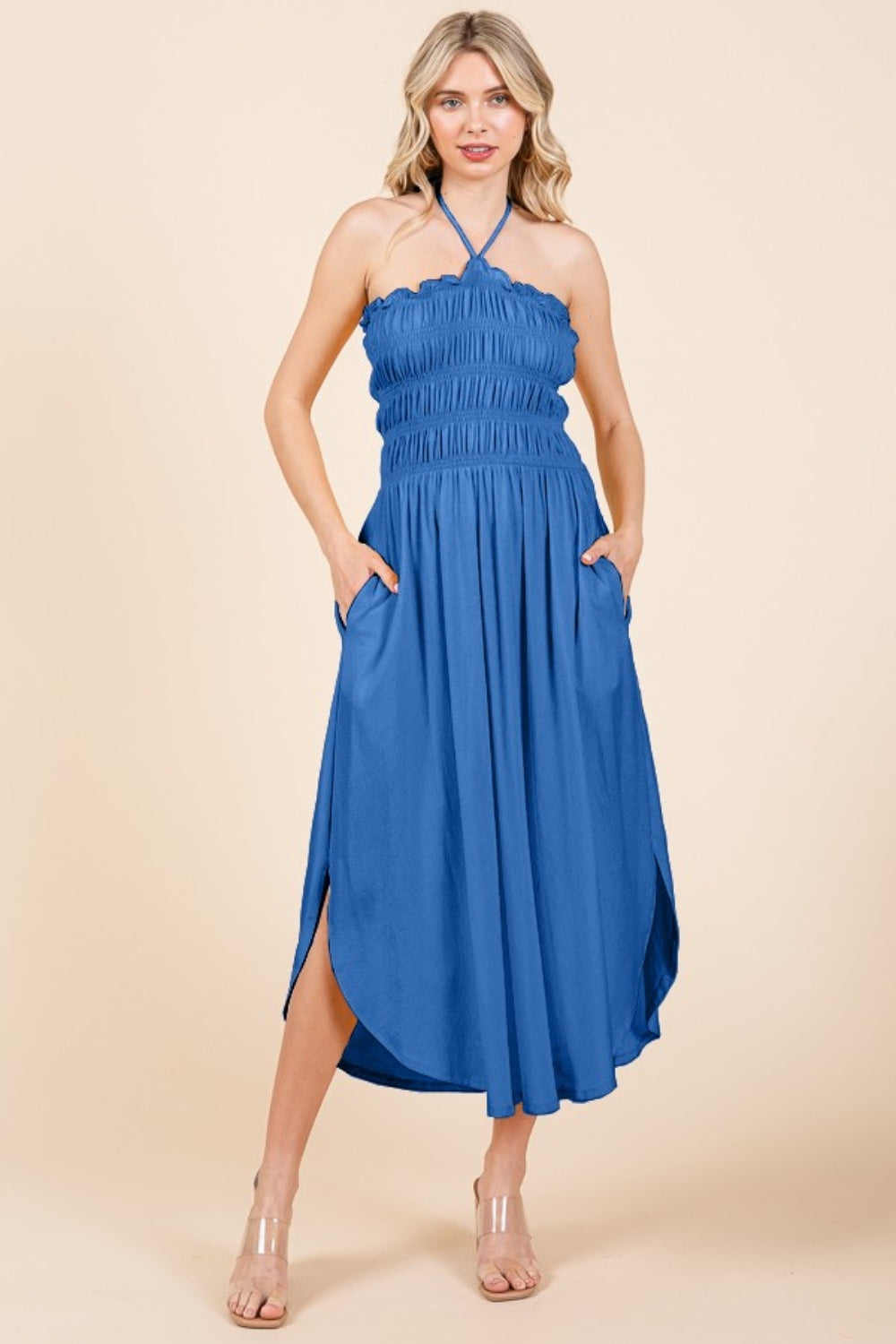 SENORTIA TIE BACK SHIRRING DRESS - BLUE