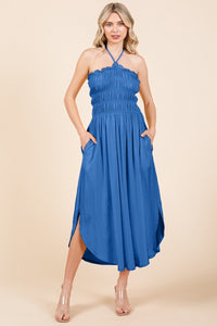 SENORTIA TIE BACK SHIRRING DRESS - BLUE