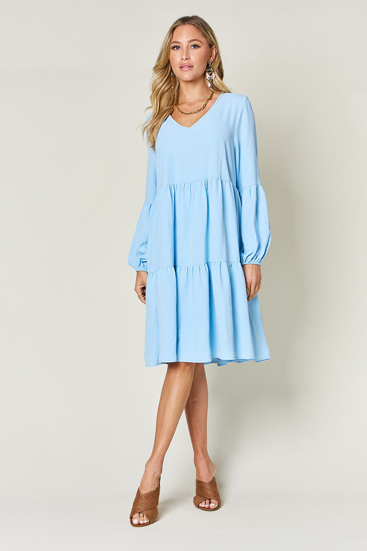 Double Take Full Size V Neck Balloon Sleeve Tiered Dress with Pockets PINKCOLADA