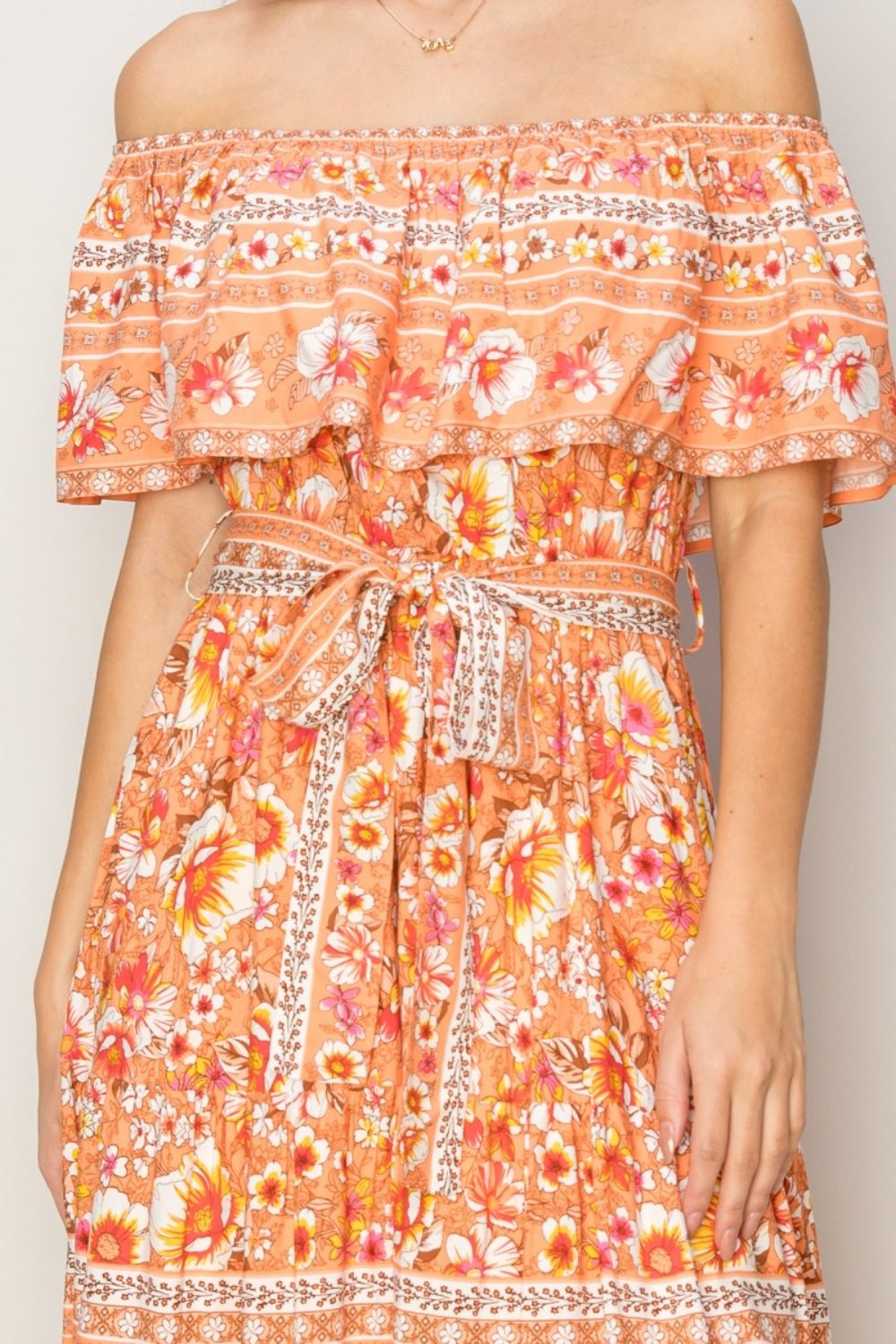APRICOT FLORAL OFF THE SHOULDER TIE UP MAXI DRESS PINKCOLADA APRICOT FLORAL OFF THE SHOULDER TIE UP MAXI DRESS PINKCOLADA