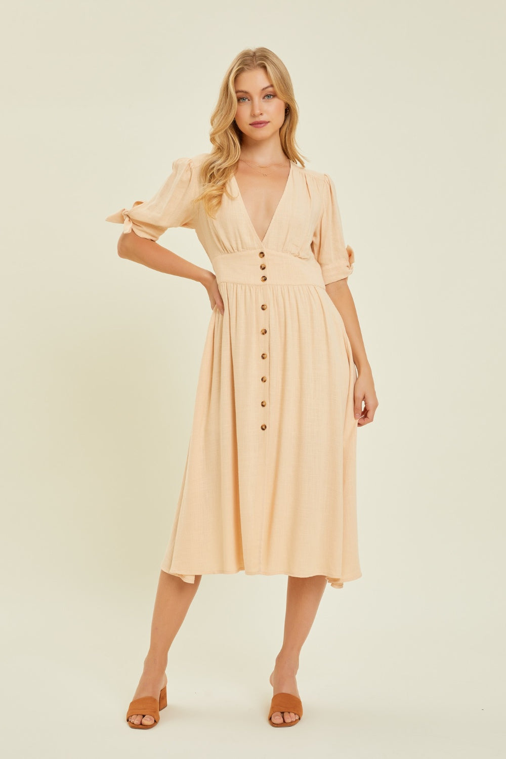 v neck button midi dress HEYSON Full Size Textured Linen V-Neck Button-Down Midi Dress – PINKCOLADA