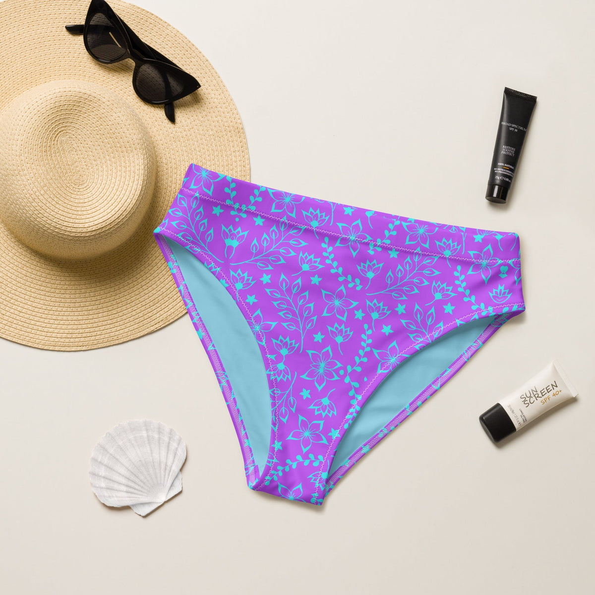 MIAMI ECO HIGH WAISTED BIKINI BOTTOM - GARDEN PARTY PURPLE