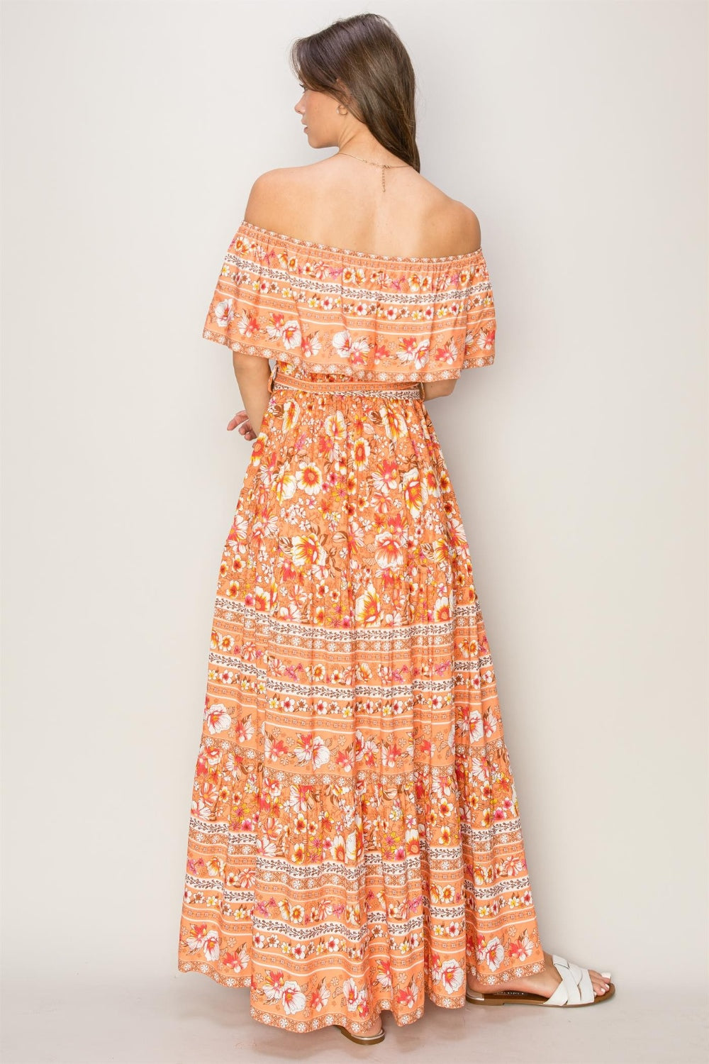 APRICOT FLORAL OFF THE SHOULDER TIE UP MAXI DRESS  PINKCOLADA