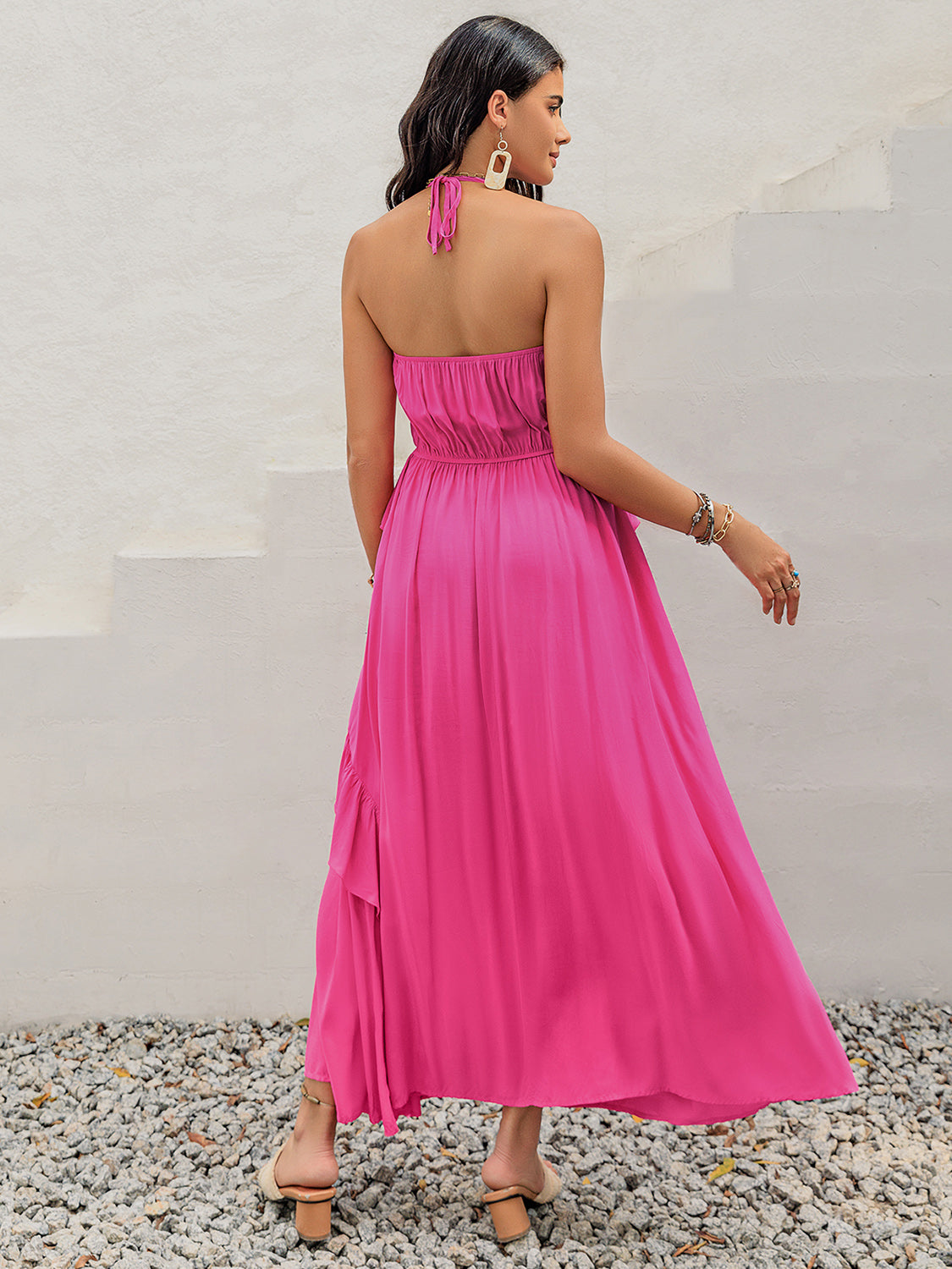 pink high neck maxi dress ASOS LUXE organza ruched halter neck maxi dress in pink