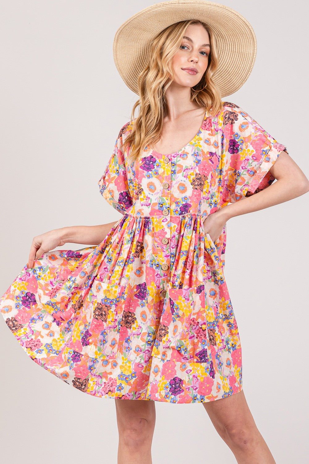 SAGE + FIG Floral Short Sleeve Babydoll Dress with Pockets PINKCOLADA SAGE + FIG Floral Short Sleeve Babydoll Dress with Pockets PINKCOLADA