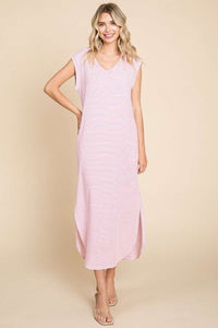 Culture Code Full Size Striped V-Neck Slit Dress with Pockets