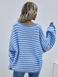 Striped Drop Shoulder V-Neck Pullover Sweater