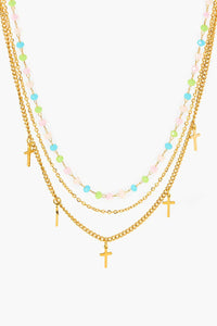 18K Gold Plated Cross Pendant Triple-Layered Necklace - PINKCOLADA--100100501865999