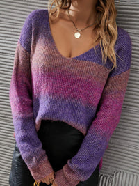 Multicolored Rib-Knit V-Neck Knit Pullover