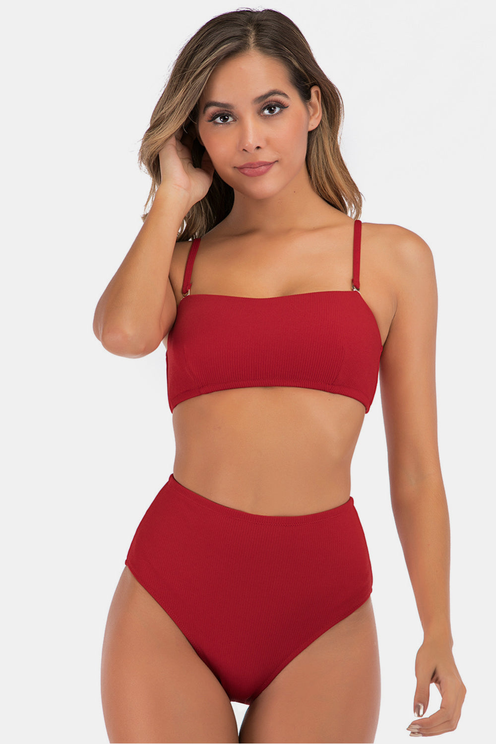 Ribbed Removable Spaghetti Strap Two-Piece Swimsuit - PINKCOLADA