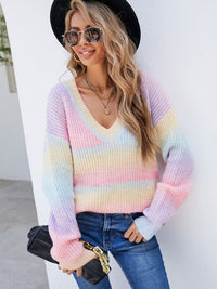 Multicolored V-Neck Rib-Knit Sweater