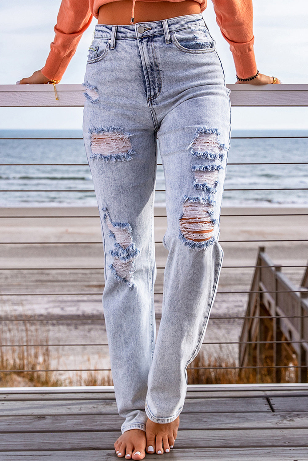 Distressed Straight Leg Jeans with Pockets - PINKCOLADA