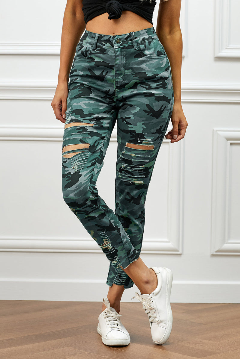 Distressed Camouflage Jeans - PINKCOLADA