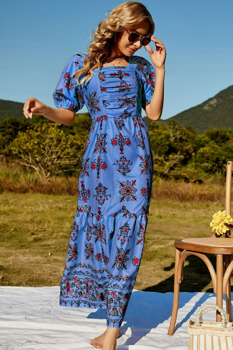 Floral Ruched Puff Sleeve Tiered Maxi Dress