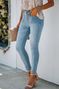 Button Fly Skinny Jeans with Pockets - PINKCOLADA