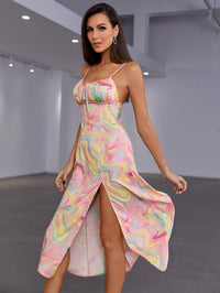 Abstract Print Tied Split Cami Dress - PINKCOLADA--100101228056791