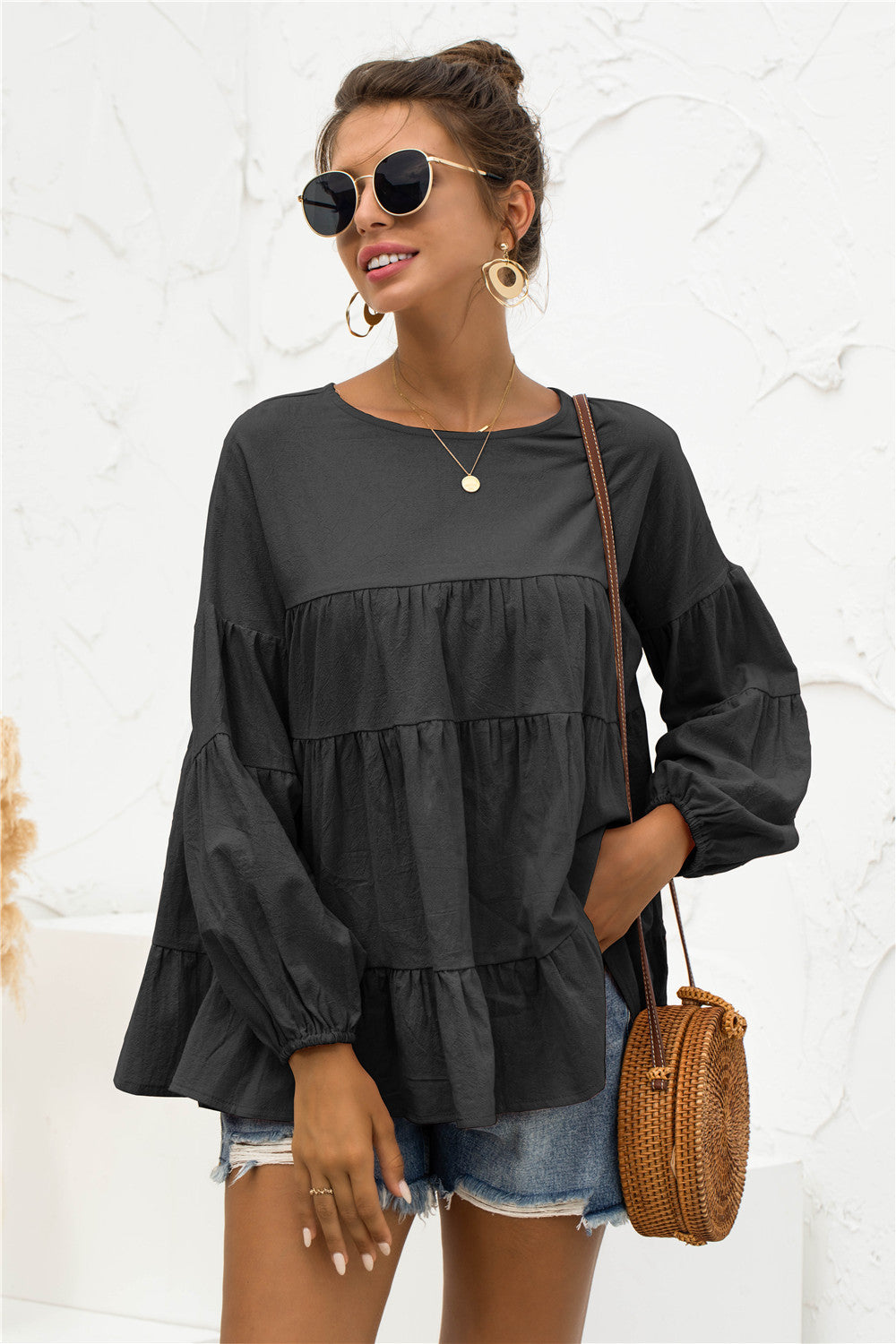 Round Neck Bubble Sleeve Tiered Blouse