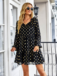 Dotted Tie-Neck Frill Trim Tiered Dress