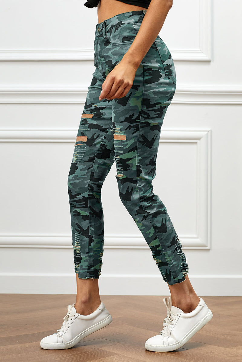 Distressed Camouflage Jeans - PINKCOLADA