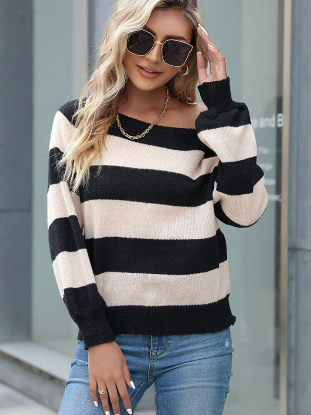 Horizontal Stripe Raglan Sleeve Sweater