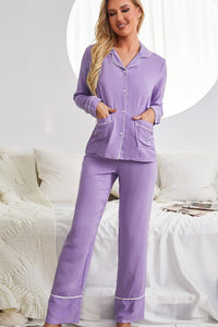 Contrast Lapel Collar Shirt and Pants Pajama Set with Pockets