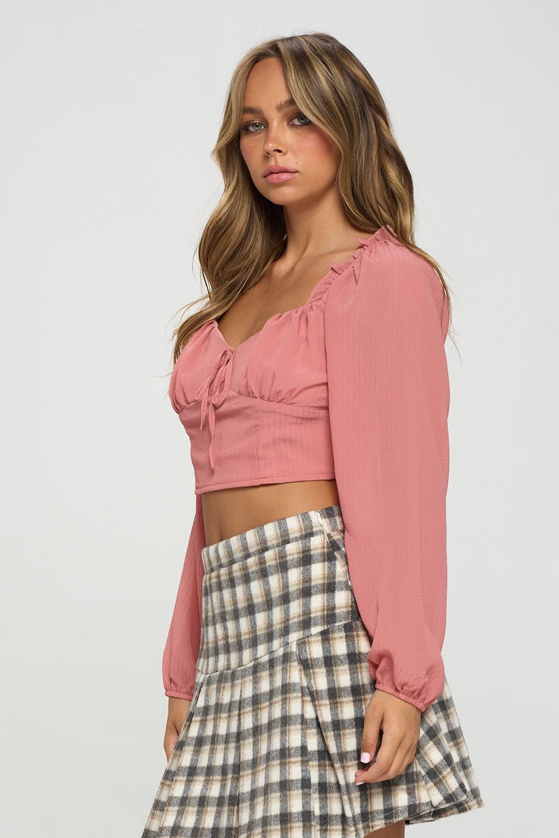 Smocked Long Sleeves Crop Top - PINKCOLADA